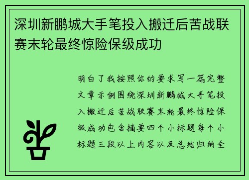 深圳新鹏城大手笔投入搬迁后苦战联赛末轮最终惊险保级成功