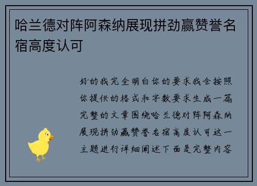 哈兰德对阵阿森纳展现拼劲赢赞誉名宿高度认可